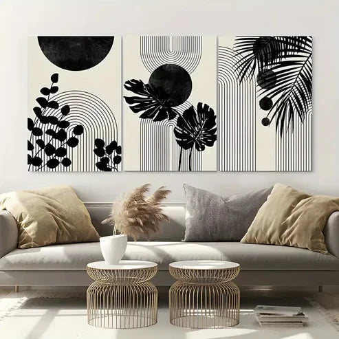 3pcs Black Boho Tropical Art Set Canvas Unframed - High Quality Print 100% Australian Made Wall Canvas - Bella Home Decor