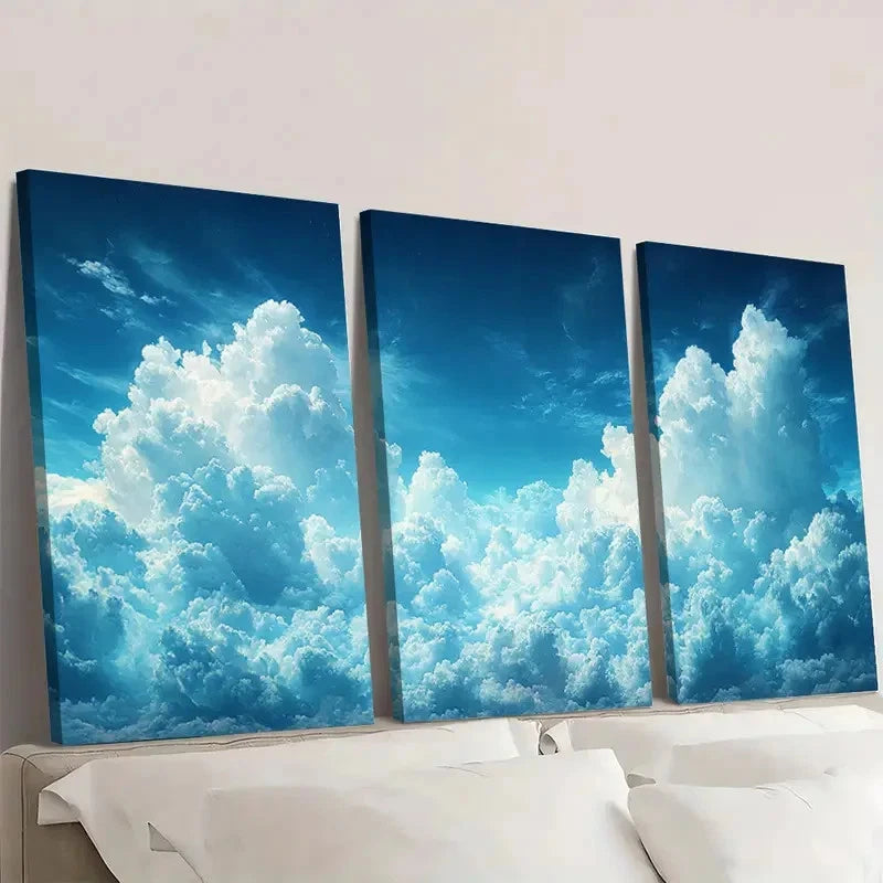 3pcs Blue Sky & Fluffy Clouds A    Wall Art Set Canvas Framed 50x70cm - High Quality Print 100% Australian Made Wall Canvas Ready to Hang - Bella Home Decor