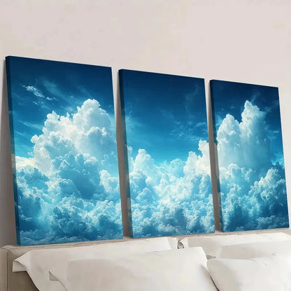 3pcs Blue Sky & Fluffy Clouds A    Wall Art Set Canvas Framed 50x70cm - High Quality Print 100% Australian Made Wall Canvas Ready to Hang - Bella Home Decor