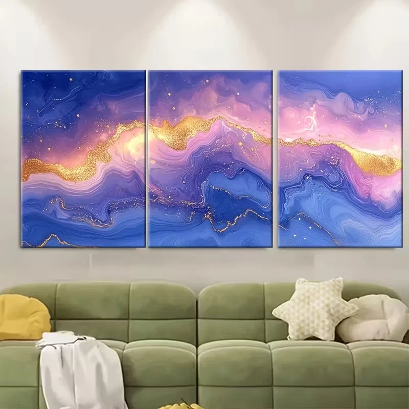 3pcs Pastel Pink Blue Purple with Golden HighlightsMetal Print Ready to Hang Art