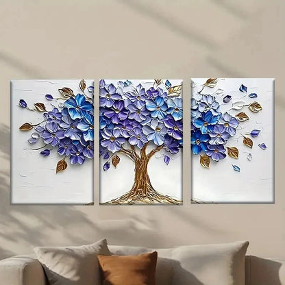3pcs Painting of a Tree with Purple Flowers Wall Art Set Canvas Framed 50x70cm - High Quality Print 100% Australian Made Wall Canvas Ready to Hang