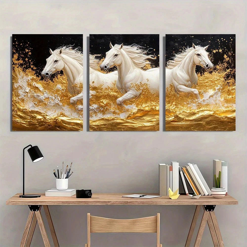 3pcs Golden Horses Modern Abstract Painting Metal Print Ready to Hang Art - Bella Home Decor
