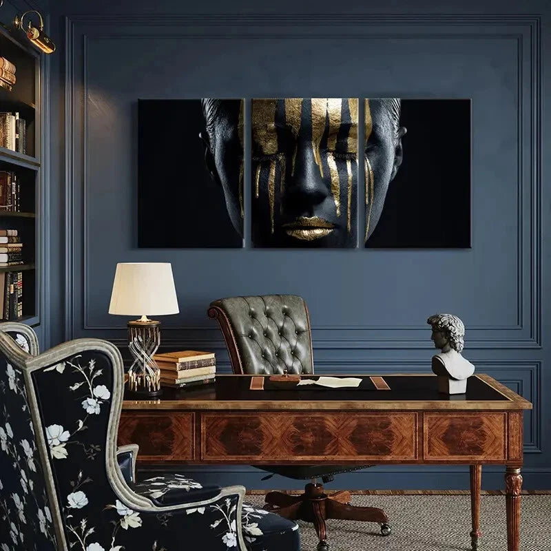 3pcs Golden Stripes Black Face Modern Abstract Metal Print Ready to Hang Art - Bella Home Decor