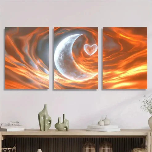3pcs Moon and Heart Flame Background Wall Art Canvas Unframed - High Quality Print 100% Australian Made Wall Canvas