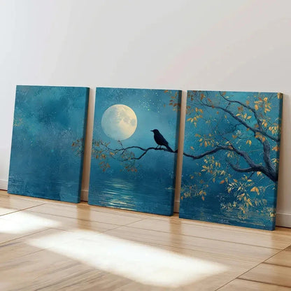 3pcs Black Bird, Autumn Leaves Night, Serene  Wall Art Set Canvas Framed 50x70cm - High Quality Print 100% Australian Made Wall Canvas Ready to Hang - Bella Home Decor