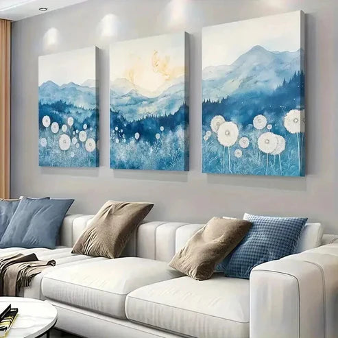 3pcs Blue White Mountain and Dandelion Field Wall Art Set Canvas Unframed - High Quality Print 100% Australian Made Wall Canvas