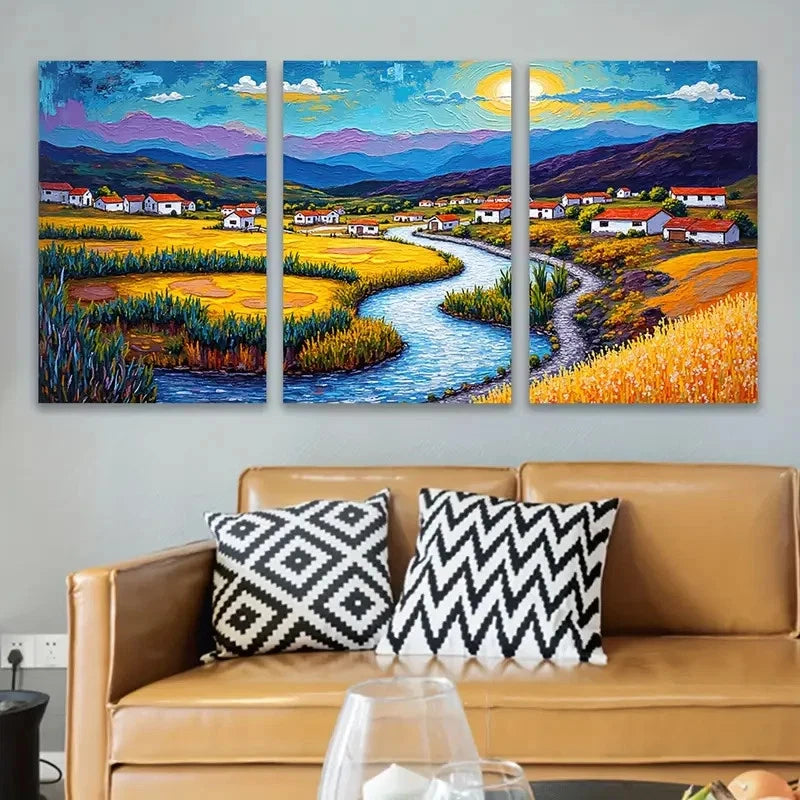 3pcs Vibrant With River Sunset & Mountain Wall Art Set Canvas Framed 50x70cm - High Quality Print 100% Australian Made Wall Canvas Ready to Hang