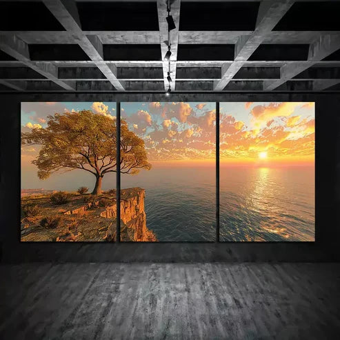 3pcs Sun Setting Over An Ocean with Trees Art Set Canvas Unframed - High Quality Print 100% Australian Made Wall Canvas