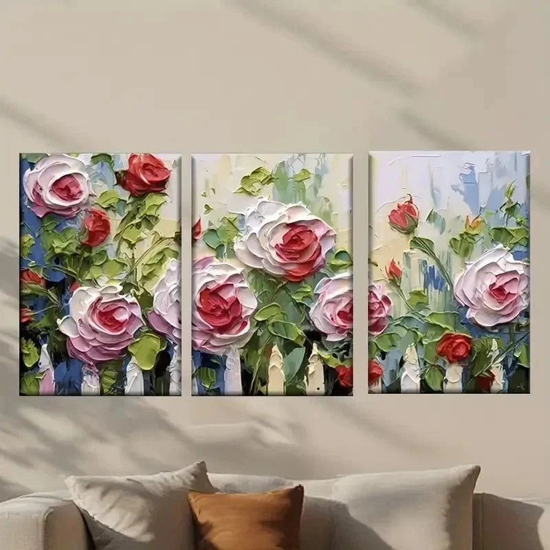 3pcs Painting of Roses on a White Background Wall Art Set Canvas Framed 50x70cm - High Quality Print 100% Australian Made Wall Canvas Ready to Hang
