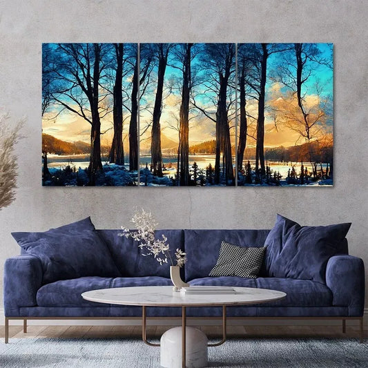 3 Piece Winter Tree Landscape Painting Style Canvas Framed 60x90cm - High Quality Print 100% Australian Made Wall Canvas Ready to Hang