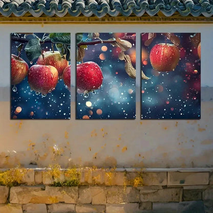 3pcs Vibrant Apples on Branches Raining Scene Metal Print Ready to Hang Art