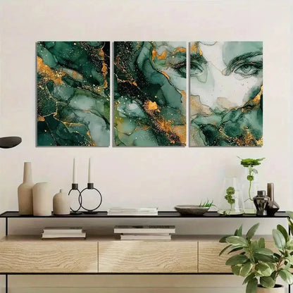 3pcs Dark Green And White Marble Style Painting Metal Print Ready to Hang Art - Bella Home Decor
