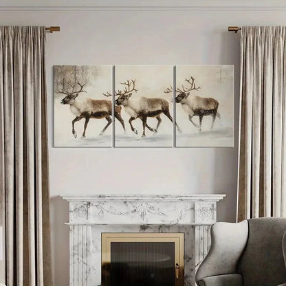 3pcs Winter Reindeer Art Snowy Landscape Metal Print Ready to Hang Art - Bella Home Decor