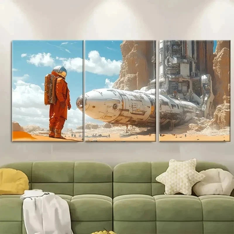 3pcs Space Explorer in Industrial Desert ER   Wall Art Set Canvas Framed 60x90cm - High Quality Print 100% Australian Made Wall Canvas Ready to Hang