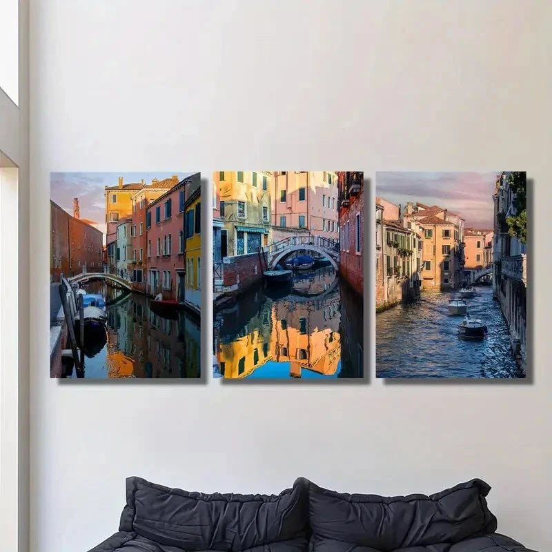 3pcs - Vibrant Italian Cityscape with Boats Metal Print Ready to Hang Art - Bella Home Decor