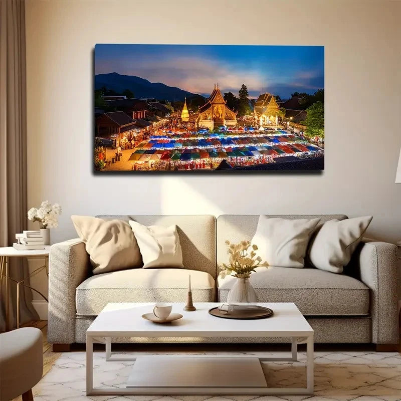 Southeast Asian Night Wall Art Canvas Office Home Room Framed 120x60cm