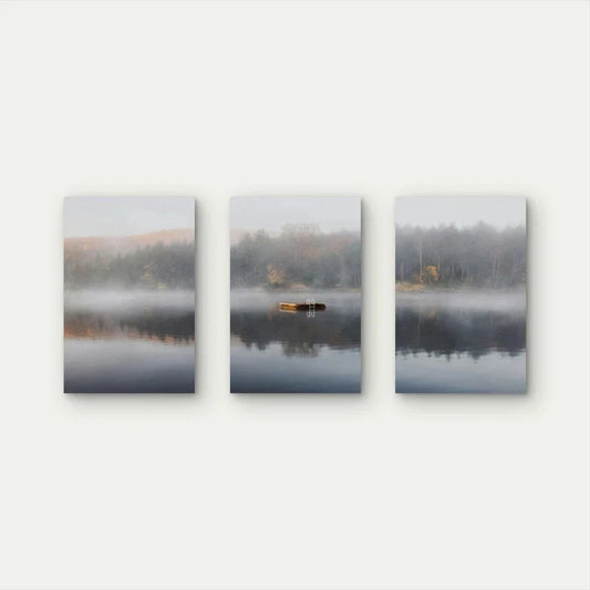3pcs Misty Lake Landscape Forest With Boat Wall Art Set Canvas Framed 60x90cm - High Quality Print 100% Australian Made Wall Canvas Ready to Hang