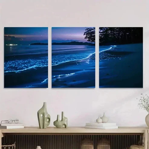 3pcs Glowing Ocean Night Scene Stunning Wall Art Set Canvas Unframed - High Quality Print 100% Australian Made Wall Canvas - Bella Home Decor