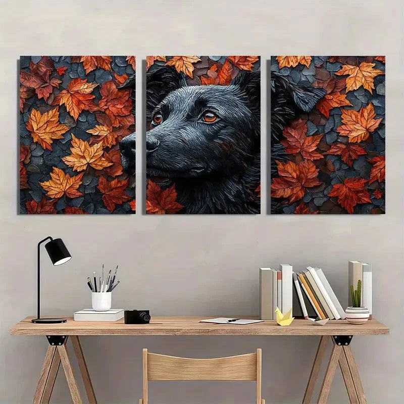 3pcs Leaf Dog Vibrant Autumn Foliage Design Wall Art Set Canvas Framed 40x60cm - High Quality Print 100% Australian Made Wall Canvas Ready to Hang