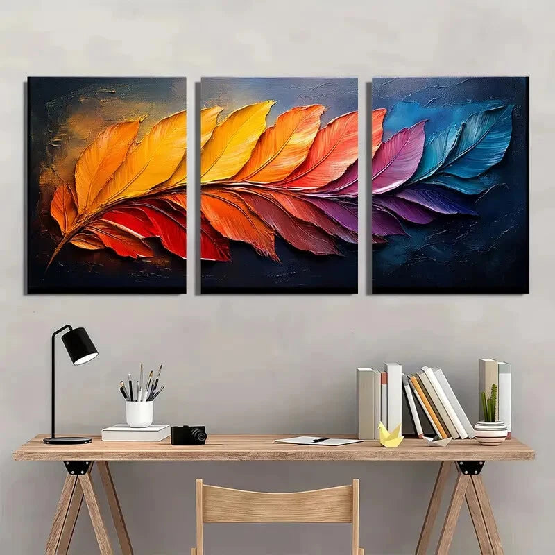 3pcs Art Abstract Colorful Feather Oil Painting Metal Print Ready to Hang Art - Bella Home Decor