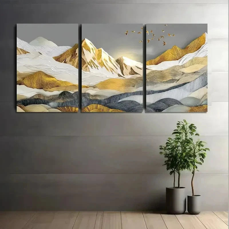 3pcs Golden and Silvery Foil Painting Metal Print Ready to Hang Art - Bella Home Decor