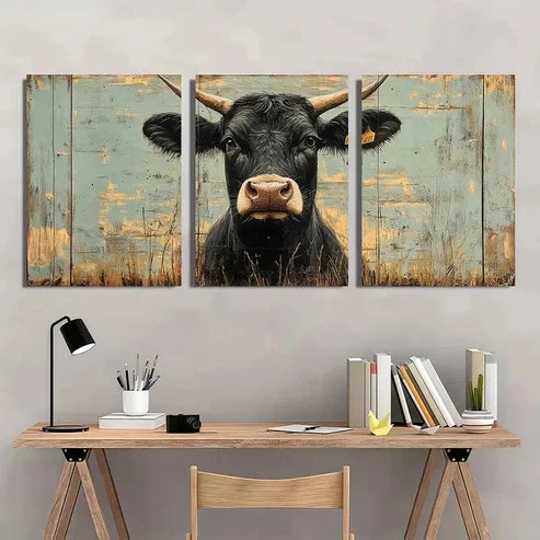 3pcs Playful Rustic Cow Vintage Blue Wall Art Canvas Unframed - High Quality Print 100% Australian Made Wall Canvas