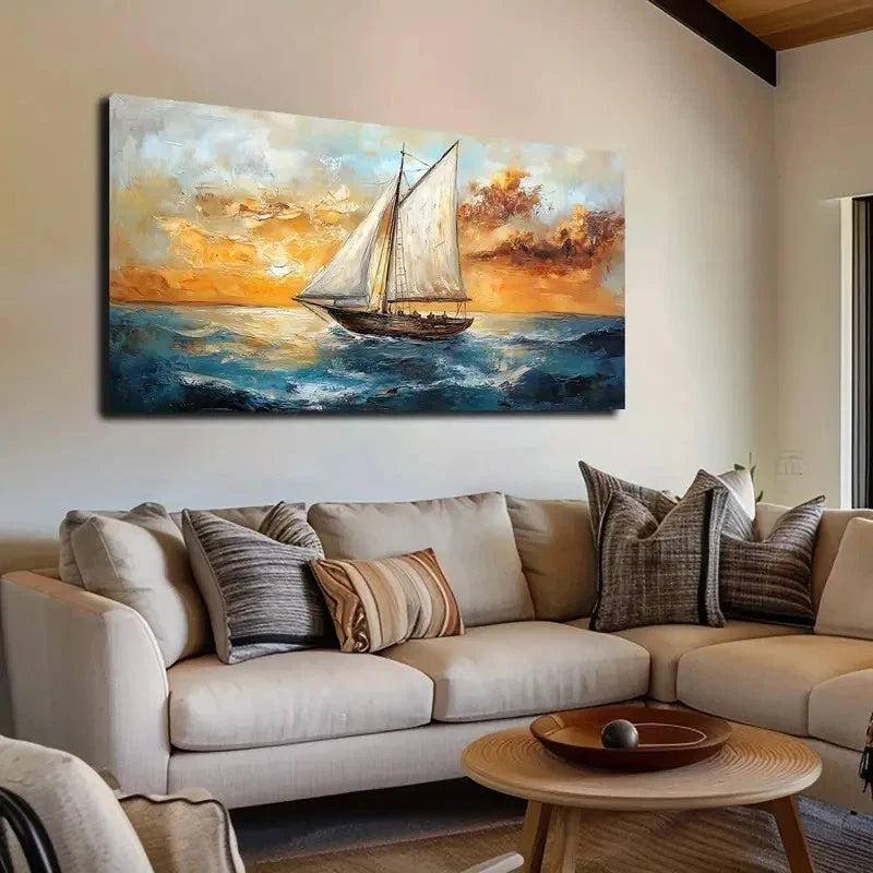 Vibrant Sunset Ocean Scene Wall Art canvas office home room framed 120x60cm