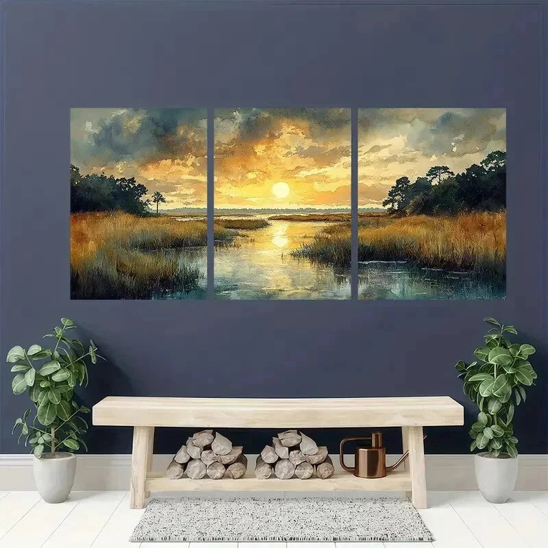 3pcs Lowcountry Marsh Landscape Perfect Wall Art Set Canvas Framed 40x60cm - High Quality Print 100% Australian Made Wall Canvas Ready to Hang - Bella Home Decor