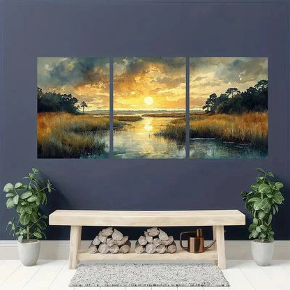 3pcs Lowcountry Marsh Landscape Perfect Wall Art Set Canvas Framed 40x60cm - High Quality Print 100% Australian Made Wall Canvas Ready to Hang - Bella Home Decor