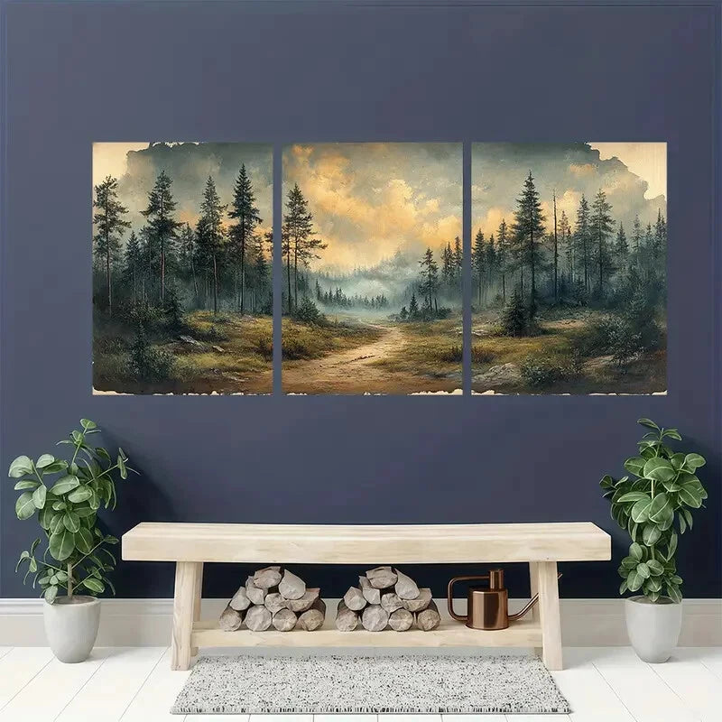 3pcs Sketch Wooded Landscape Illustration Metal Print Ready to Hang Art