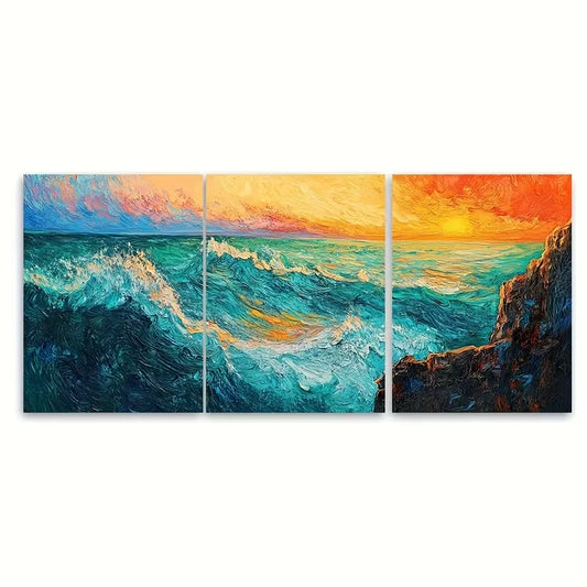 3pcs Ocean Sunset with Bold Brushwork Metal Print Ready to Hang Art