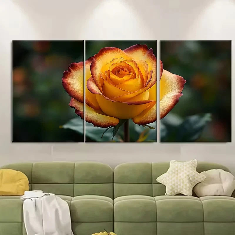 3pcs Elegant Yellow and Brown Rose Metal Print Ready to Hang Art