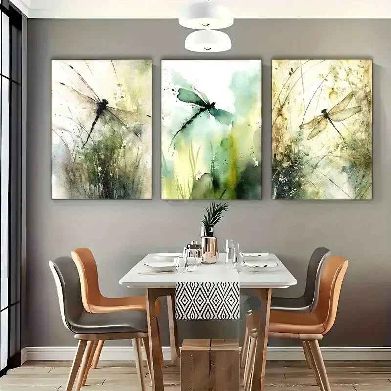3pcs Dragonfly & Floral Vintage Metal Print Ready to Hang Art - Bella Home Decor