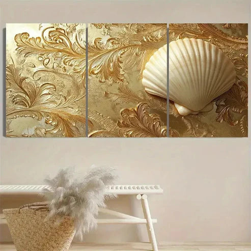 3pcs Elegant Sea Shell on Golden Filigree Wall Art Set Canvas Unframed - High Quality Print 100% Australian Made Wall Canvas - Bella Home Decor