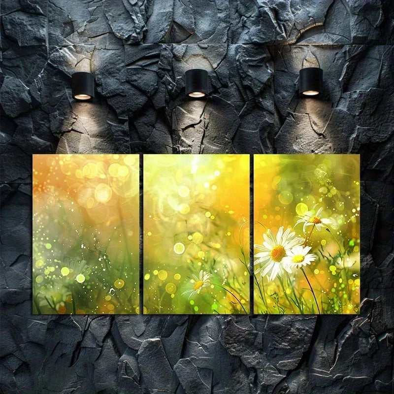 3pcs Meadow of White Daisies with Soft Blur Metal Print Ready to Hang Art