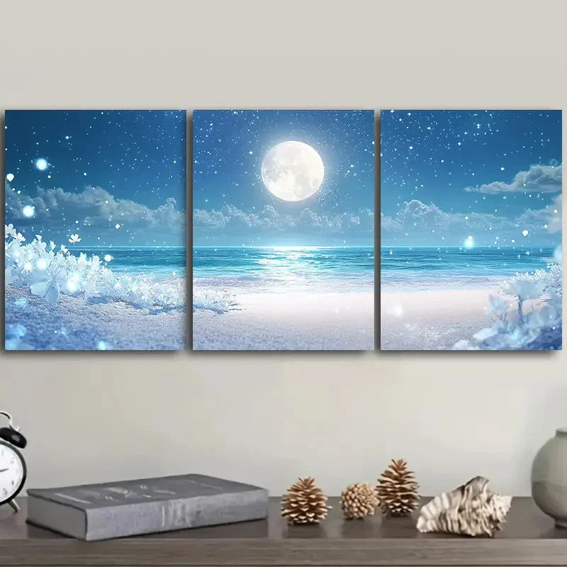 3pcs Beach Walk Painting Full Moon Metal Print Ready to Hang Art - Bella Home Decor