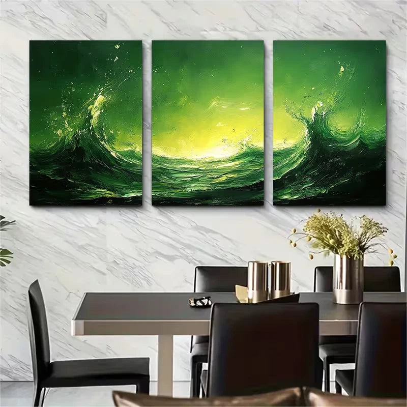 3pcs Vivid Green Abstract Art Metal Print Ready to Hang Art - Bella Home Decor