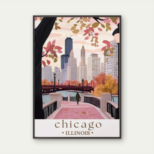 Chicago Illinois Skyline Autumn Cityscape Travel Poster Print Wall Art
