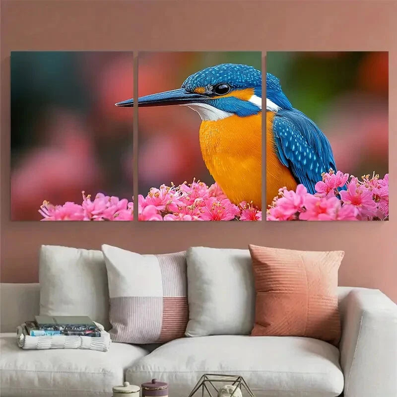 3pcs Vibrant Kingfisher on Pink Florals Metal Print Ready to Hang Art - Bella Home Decor