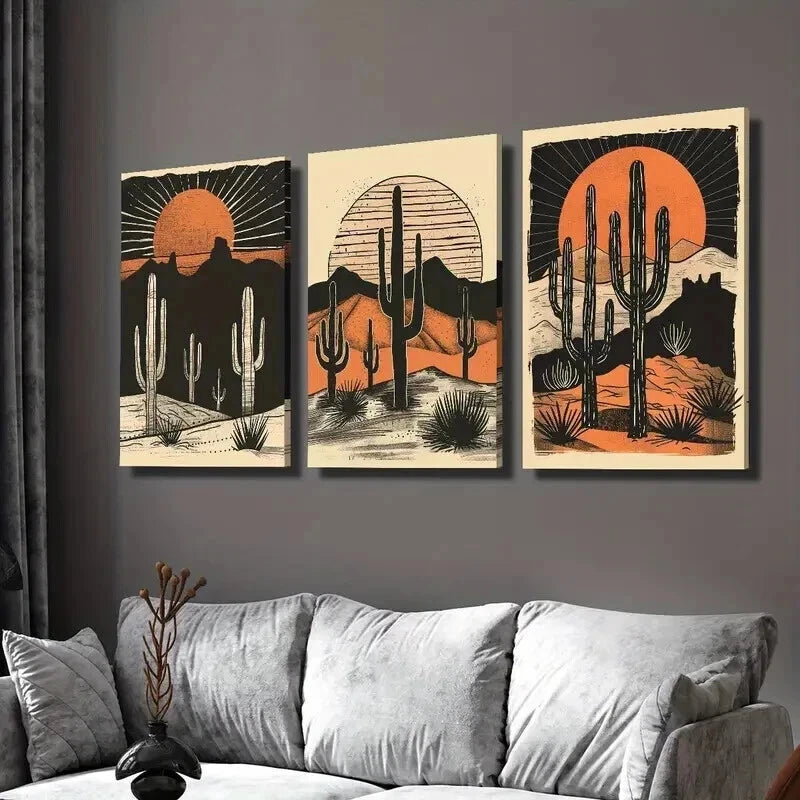 3pcs Desert Cactus Sunset Wall Art Set Canvas Framed 50x70cm - High Quality Print 100% Australian Made Wall Canvas Ready to Hang