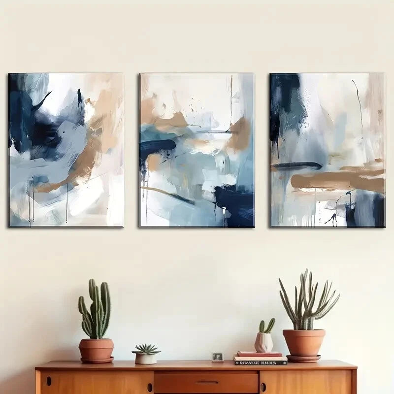 3pcs Vibrant Navy Blue Abstract Geometric Metal Print Ready to Hang Art