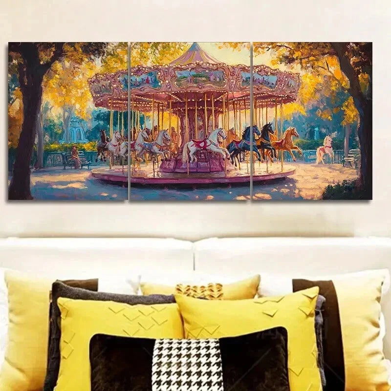 3pcs Pink Carousel Design Wall Art Set Canvas Framed 50x70cm - High Quality Print 100% Australian Made Wall Canvas Ready to Hang