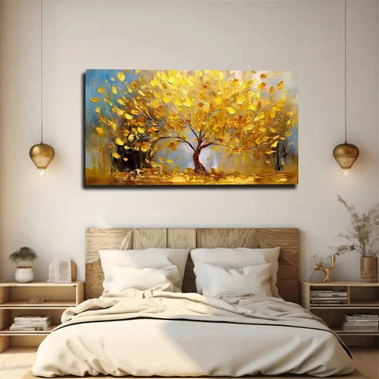 Golden Leaves Tree Minimalist Wall Art Canvas Office Home Room Framed 120x60cm