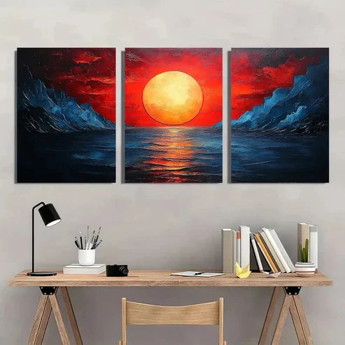 3pcs Seaside Sunset Vibrant Red & Orange Sky Wall Art Set Canvas Unframed - High Quality Print 100% Australian Made Wall Canvas