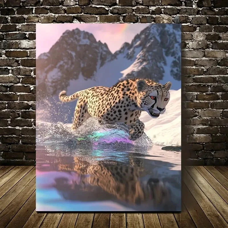 Cheetah Splashing in Water on Snowy Mountain Painting 40x60cm Metal Print Ready to Hang - Bella Home Decor