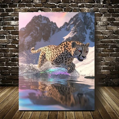 Cheetah Splashing in Water on Snowy Mountain Painting 40x60cm Metal Print Ready to Hang - Bella Home Decor