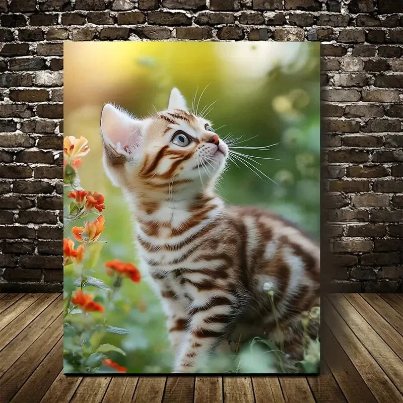Flowers And Plants Cute Bengal Cat Kitten Painting 40x60cm Metal Print Ready to Hang - Bella Home Decor