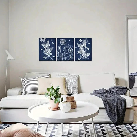 3pcs Blue Butterfly & Dandelion , Navy Blue Metal Print Ready to Hang Art