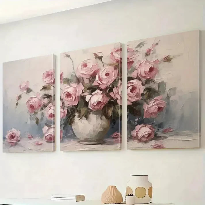 3pcs Pink Roses Floral Vase Abstract Wall Art Canvas Unframed - High Quality Print 100% Australian Made Wall Canvas