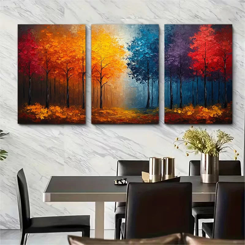 3pcs Abstract Colorful Autumn Forest Oil Painting Metal Print Ready to Hang Art - Bella Home Decor
